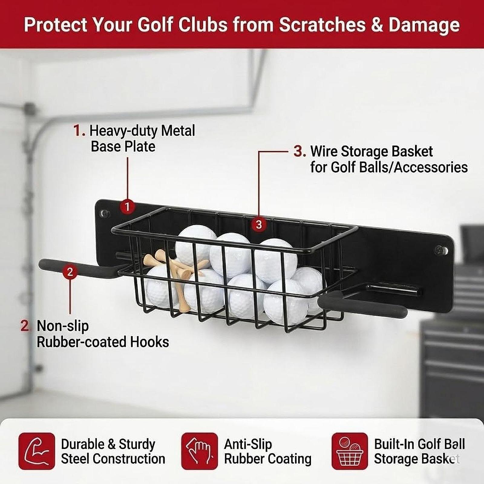 Golf Equipment Garage Storage - Ruimtebesparende golfuitrusting wandrek metalen tasdrager met